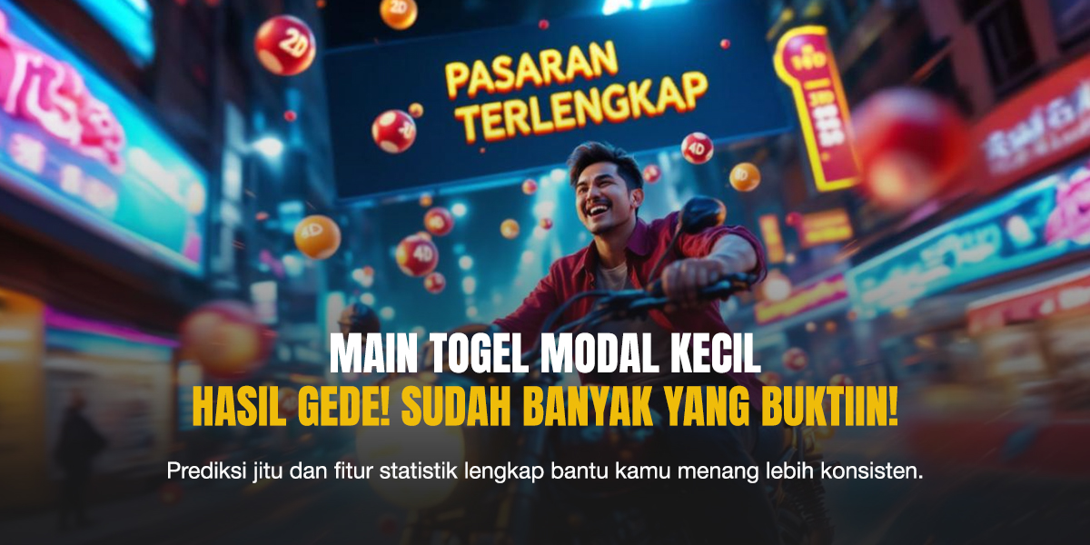 Suasana malam penuh lampu neon dengan ikon 2D, 3D, dan 4D melayang di kota Asia. Pemuda tersenyum sambil mengendarai motor, menggambarkan semangat kemenangan di Togel Hongkong Nex4D.